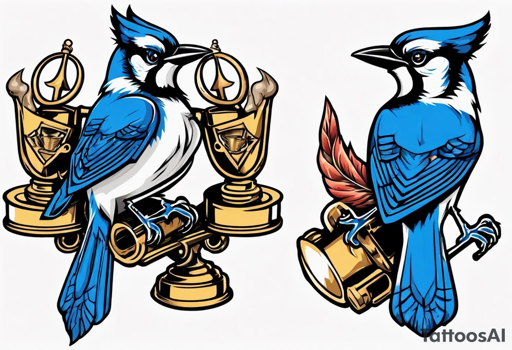 mean looking bluejay holding a trophy tattoo idea