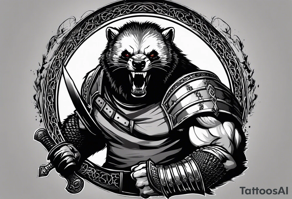 Draw me psychopath Honey Badger/Berserker with aggressive full body, killer face with a scary smile, very long nails and he attacks like a Bloody Assassin/Warrior/Gladiator to us and also, he has very deadly looking. He fights with his nails only. Everybody scares after their first sight. Give me horror type Badger Tattoo. I want to see his Realistic full body with no weapons. You can show destruction at the back. tattoo idea