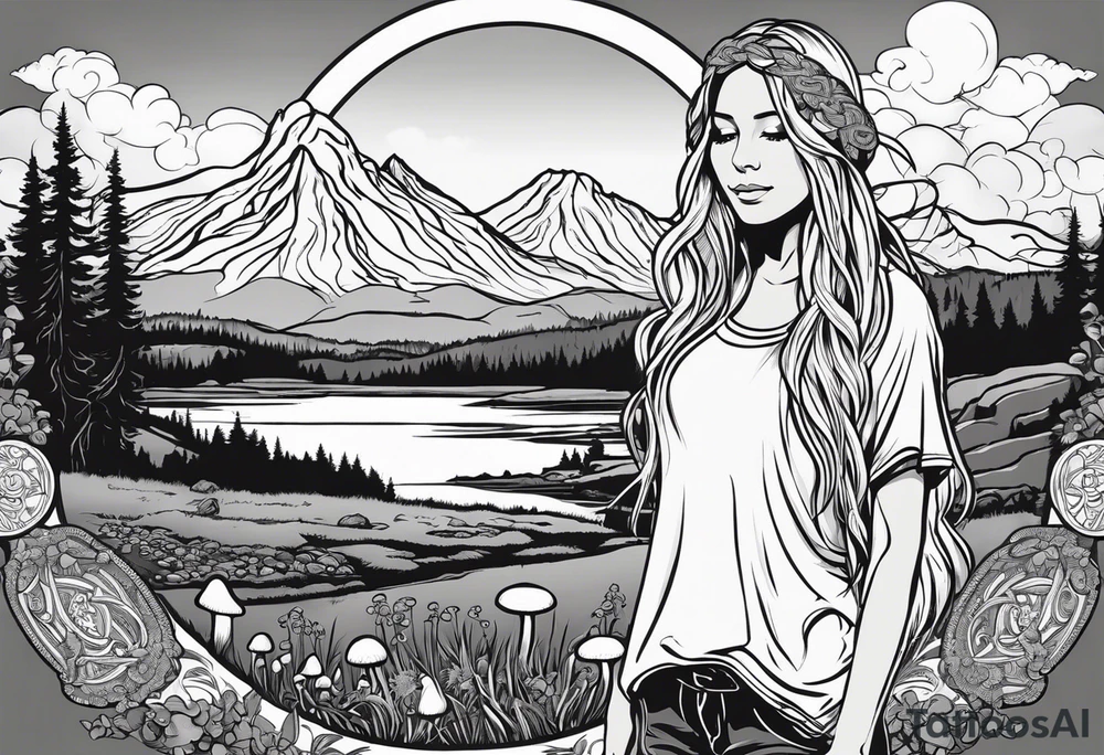 Whole picture encircled fully

Straight long blonde hair hippie girl in distance holding mushrooms in hand facing away toward mountains and creek surrounded by mushrooms long sleeve shirt and hiking pants; whole rendering within a full celtic circle border, no cut off circle tattoo idea
