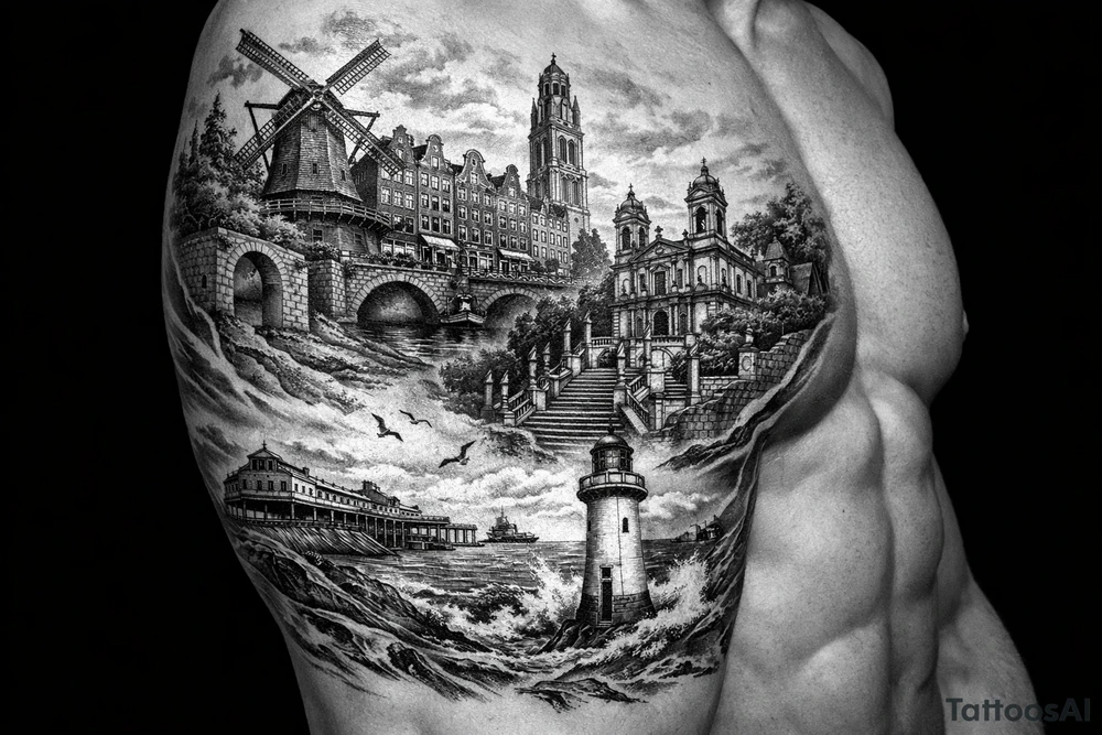 I wanted arm tattoo that reminds me of my three favourite places. I've lived the cities of Amsterdam and Braga and New Brighton in Wallasey tattoo idea