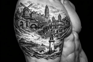 I wanted arm tattoo that reminds me of my three favourite places. I've lived the cities of Amsterdam and Braga and New Brighton in Wallasey tattoo idea