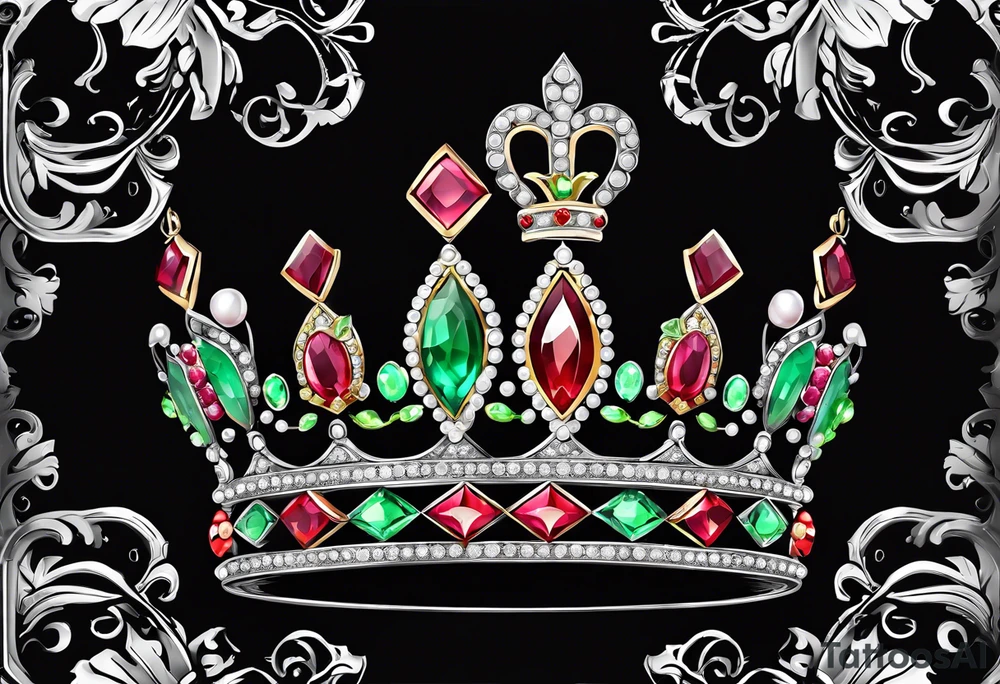 beautiful, intricate, royal queens crown, diamonds, gold, silver, jade.peridot, pearls, rubies tattoo idea