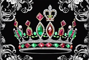 beautiful, intricate, royal queens crown, diamonds, gold, silver, jade.peridot, pearls, rubies tattoo idea