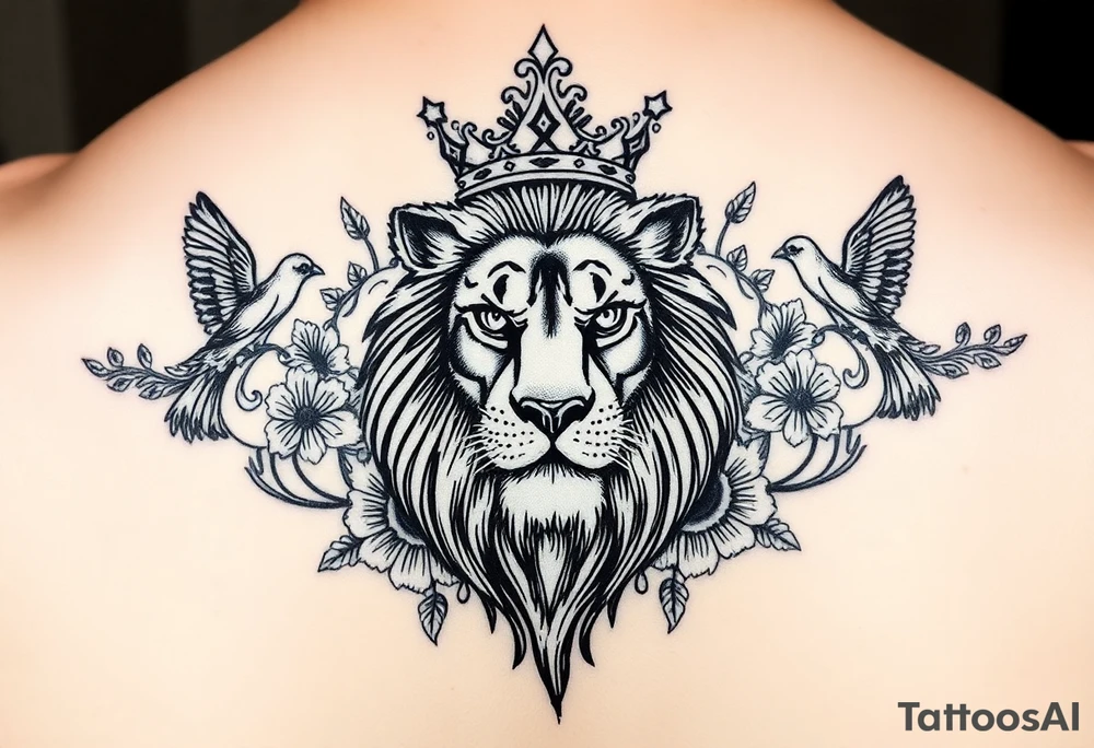 powerful majestic lion with a crown, surrounded by floral ornaments and birds tattoo idea