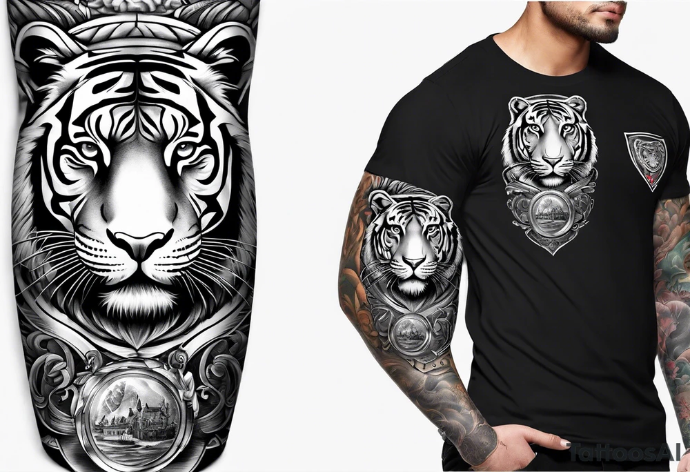 King tiger Hour glass with Brain and heart inside arm sleeve tattoo idea