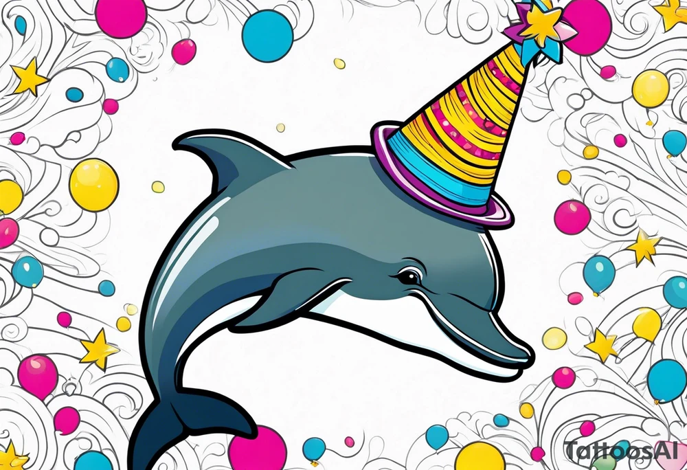 One dolphin wearing one party hat on top . Side view. Dolphin should be smiling. tattoo idea