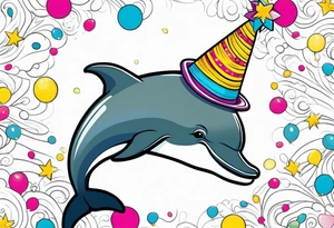 One dolphin wearing one party hat on top . Side view. Dolphin should be smiling. tattoo idea