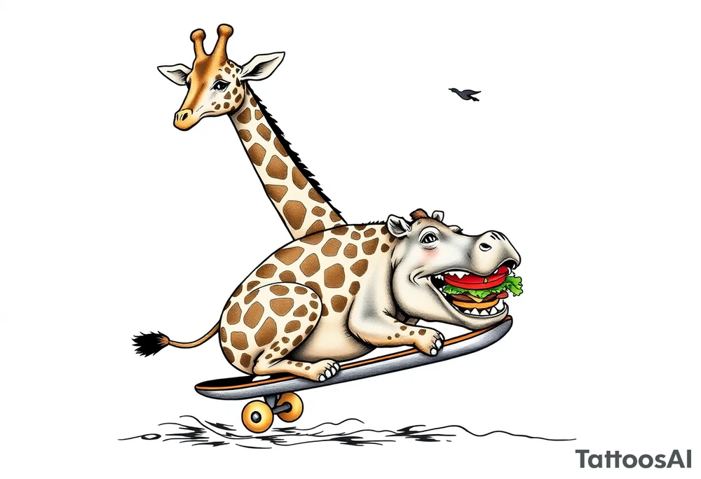 Majestic giraffe riding a skateboard and eating a hippo sandwich tattoo idea