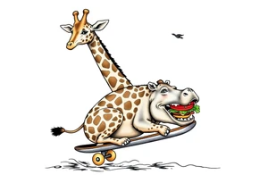Majestic giraffe riding a skateboard and eating a hippo sandwich tattoo idea