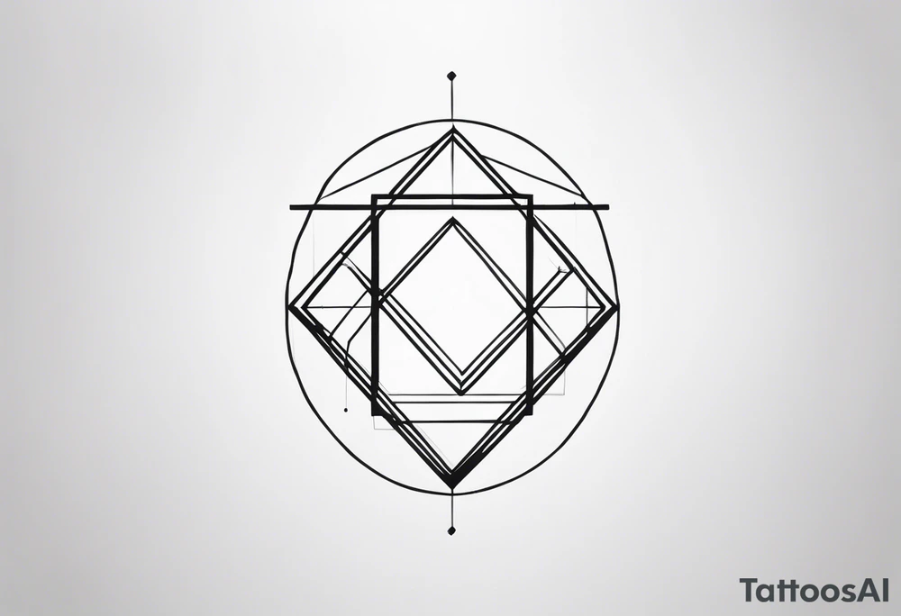 very minimalist tattoo. It should be long and narrow, to goo on an arm. It starts with one square with a dotted line coming out of it, connecting to two interlocked circles, with two lines coming out of them, then connecting to a triangle with multiple lines coming out of it. black and white. tattoo idea