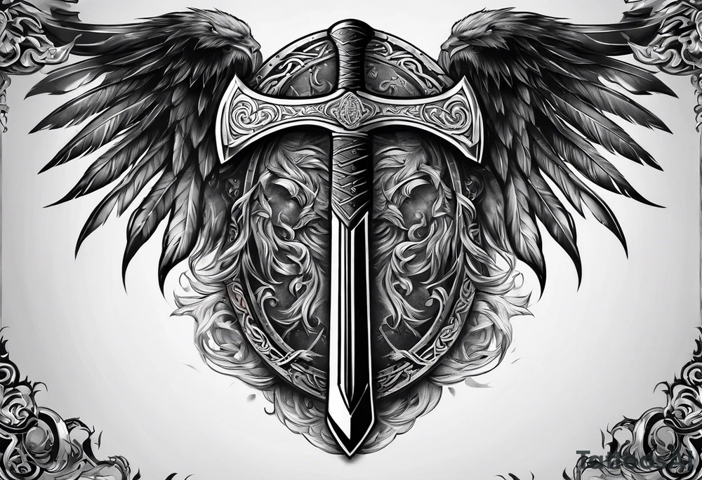 Valhalla sword shield axe mist tattoo idea