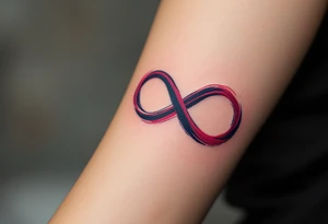 A brushstroke-style infinity loop in shades of black and wine red, forming a heart on one side. tattoo idea