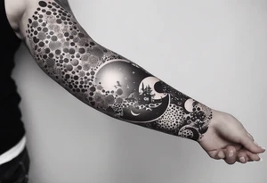 Tattoo sleeve with random objects and smokey dot work as a filler in between items tattoo idea