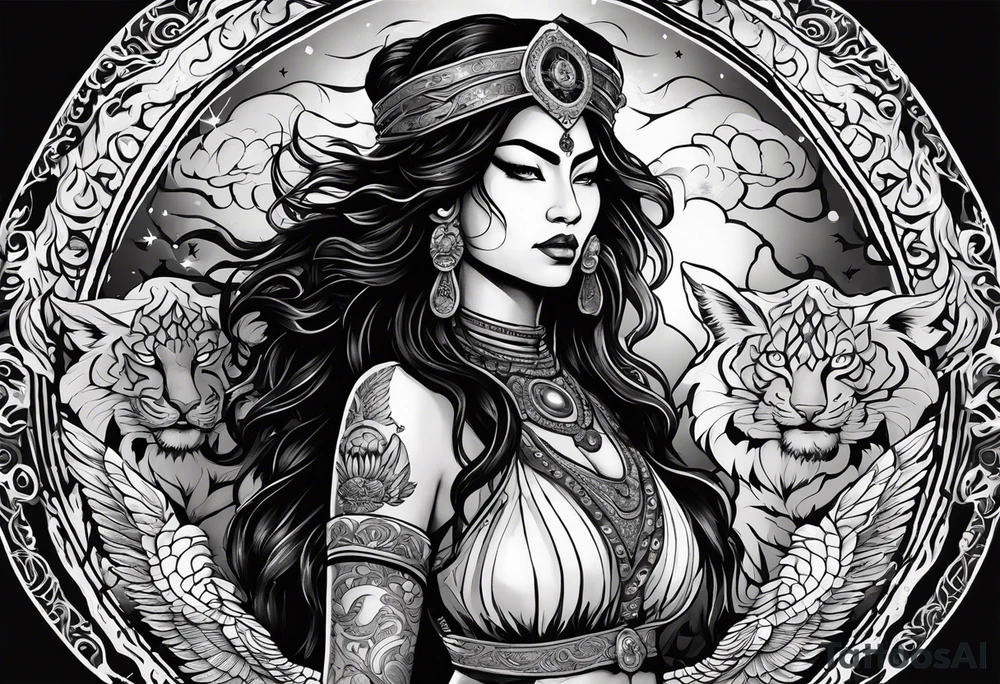 black kali, goddess pirate, alien, angel, pachamama, valkrye, warrior, flying, skull, lotus azul, wing, eagle, zenza resonance, stars, 5D, anahata chakra, death, durga, riding on a tiger, flying lady, kundalini, chest tatoo, samuri, rebel,serpent tattoo idea