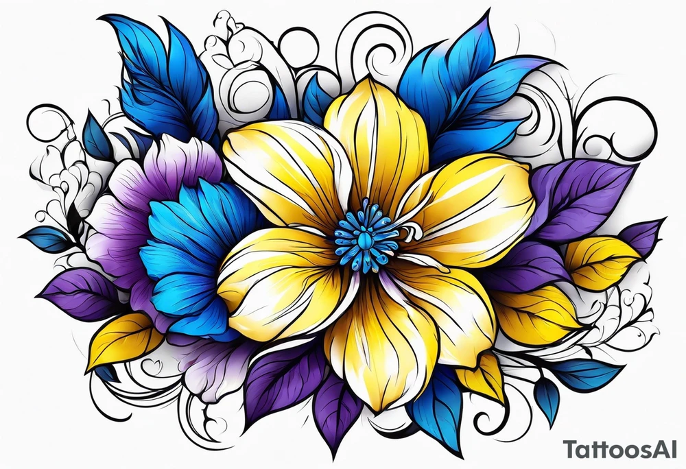 Blue yellow and purple flowers arm sleeve tattoo idea Blue yellow and purple flowers arm sleeve tattoo idea
