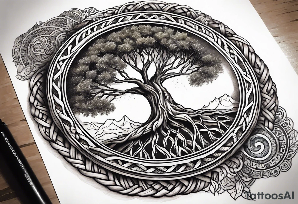 Braided rope braclet tattoo with tree of life in the center with bead work dangling on the hand tattoo idea