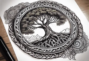 Braided rope braclet tattoo with tree of life in the center with bead work dangling on the hand tattoo idea