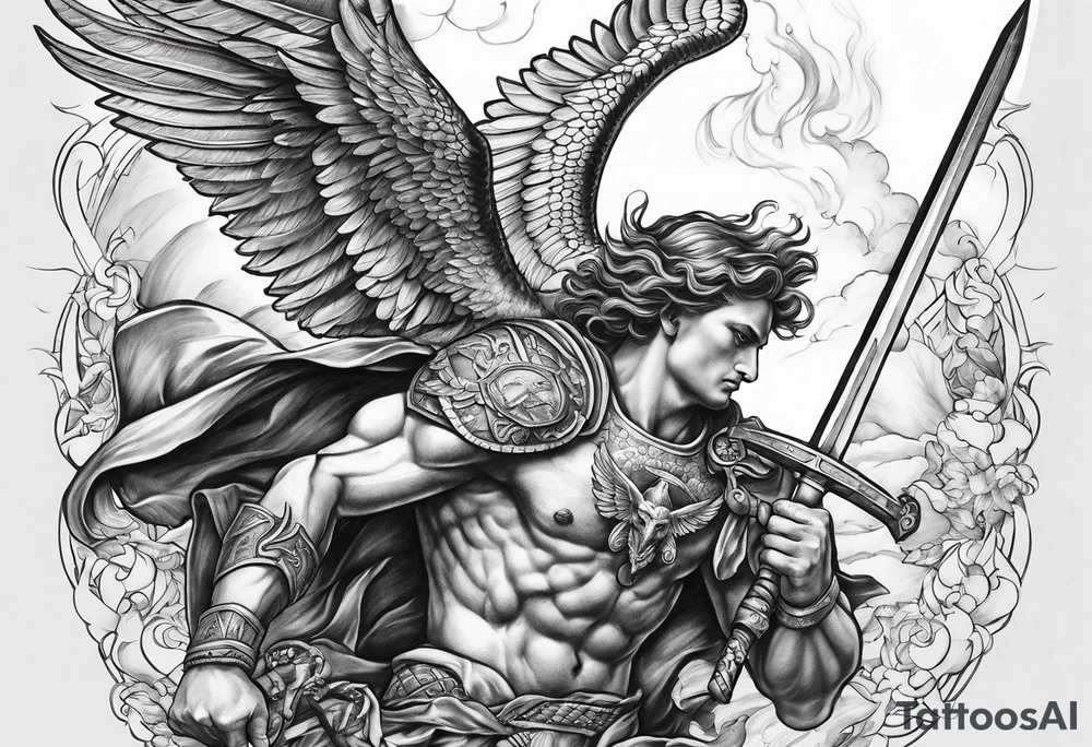 Arm sleeve of St Michael fighting the devil tattoo idea
