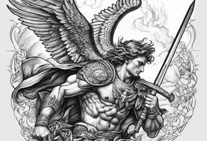 Arm sleeve of St Michael fighting the devil tattoo idea