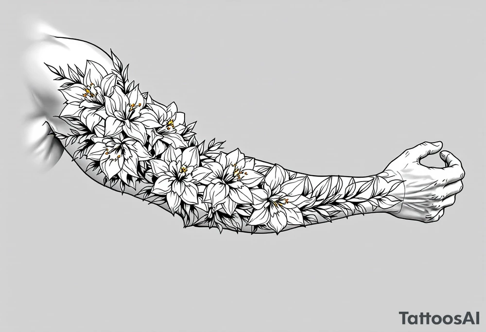 sleeve of narcissus flowers, holly and jonquil flowers tattoo idea