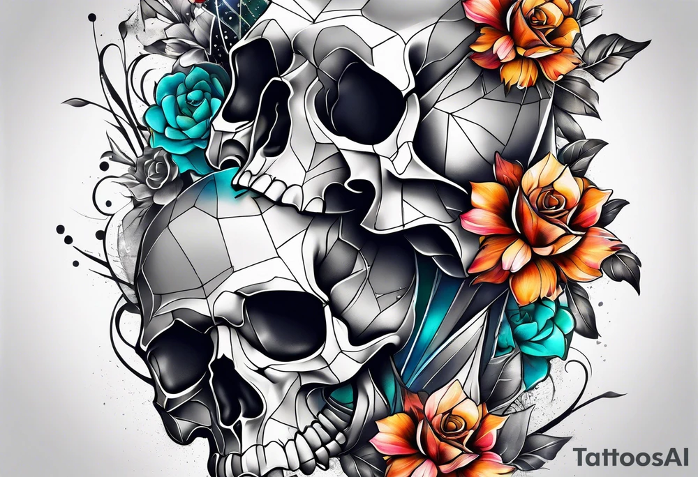 front knee tattoo with flowers & skulls, & water washes, background washes tattoo idea
