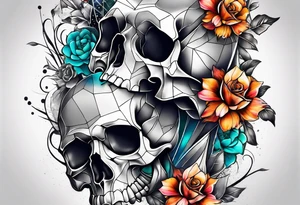 front knee tattoo with flowers & skulls, & water washes, background washes tattoo idea