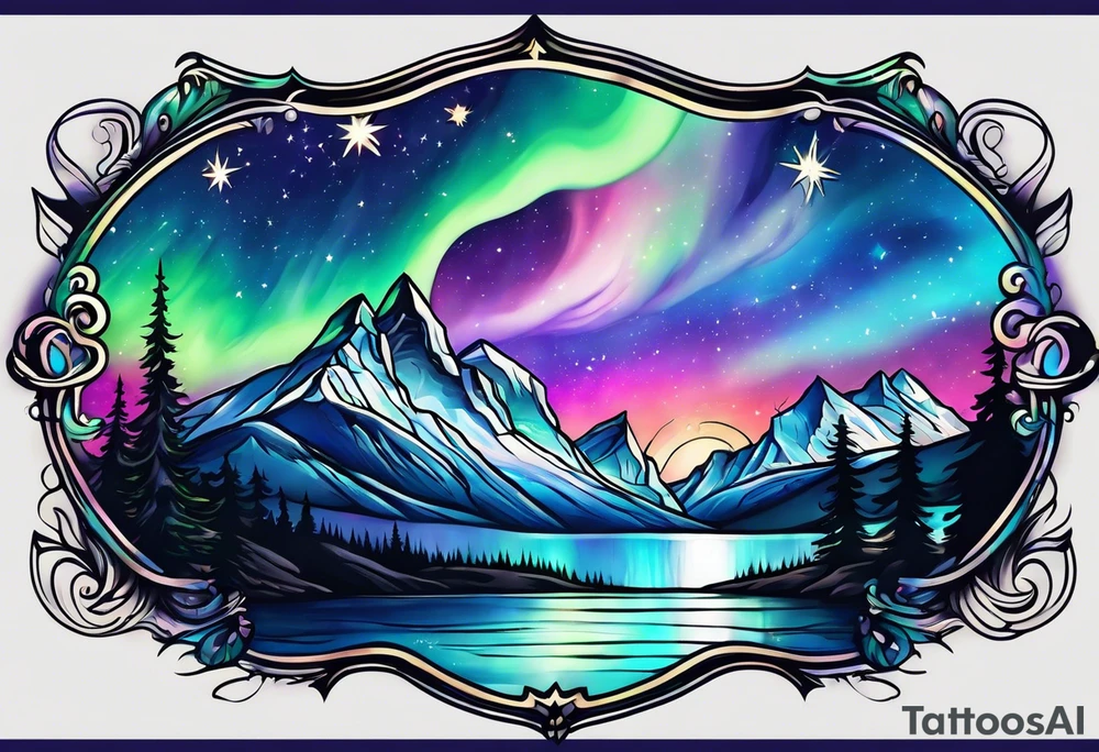 Aurora borealis with mountain and stars tattoo idea