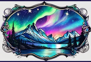 Aurora borealis with mountain and stars tattoo idea