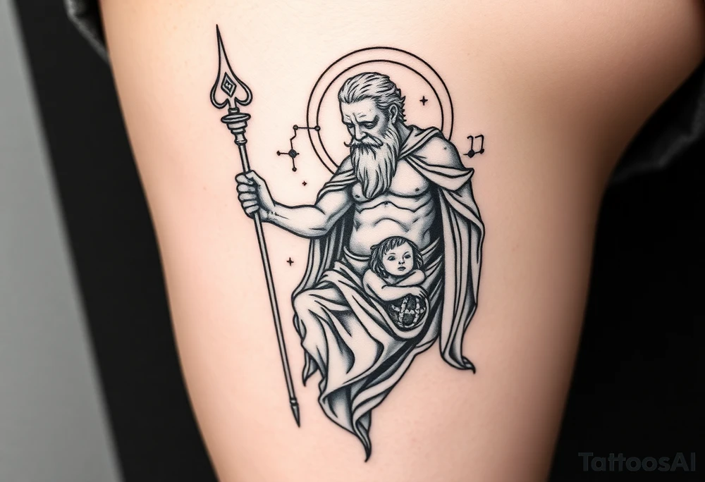 a tattoo design of the Greek God Saturn but older and nearly dying holding his spear, in his other arms cradling a twin dying younger version of himself. The gemini constellation is in the background behind the Saturn Gods. Long vertical form as this will be on a thigh - Incorperate the saturn astrology symbol tattoo idea