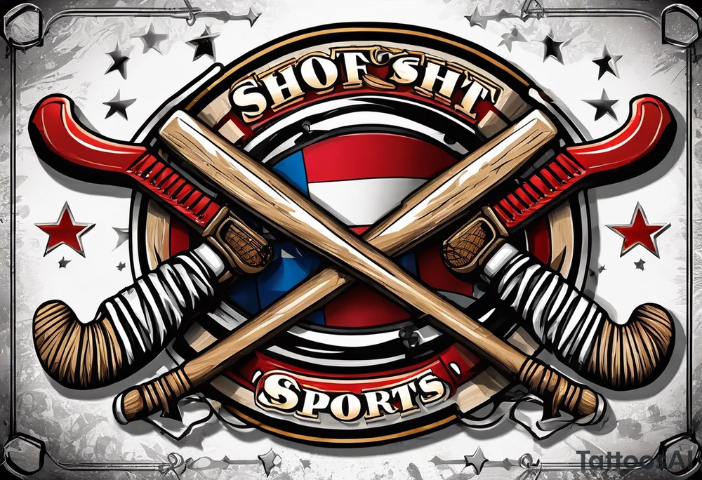 crossed hockey sticks with sports equipment that says "SHOT SPORTS" tattoo idea