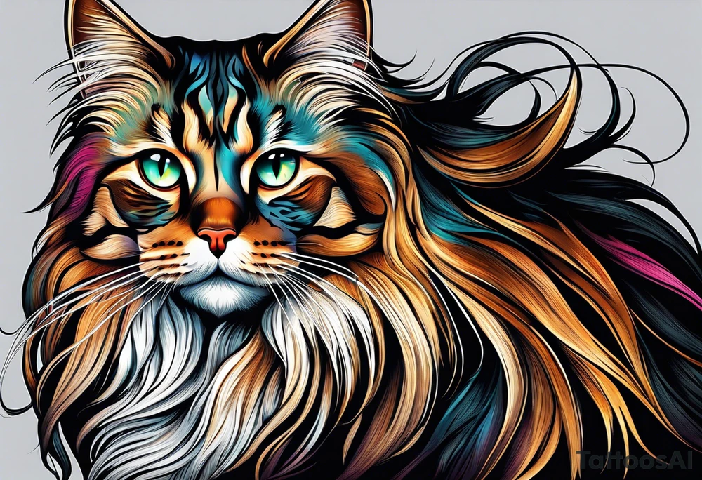 Long hair cat Maine coon, regal, face tattoo idea