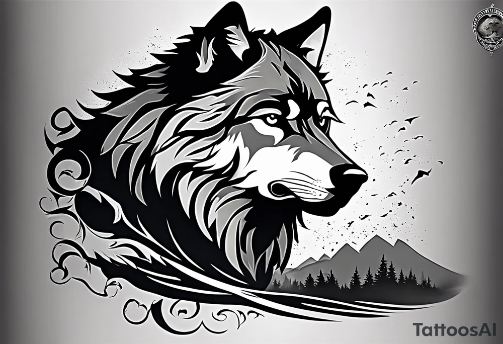 tattoo of a lone wolf navigating through a rugged landscape, with each obstacle representing a life battle – rocky terrain symbolizing challenges, storm clouds signifying hardships, and wild rivers representing struggles. The wolf is depicted with piercing eyes and a determined expression, embodying resilience and strength as it forges ahead. In the background, a subtle glow of sunlight breaks through the clouds, symbolizing hope and perseverance. Alongside the wolf, the phrase "Endure and Conquer" is inscribed in bold, minimalist lettering, encapsulating the theme of overcoming adversity with resilience and determination. tattoo idea