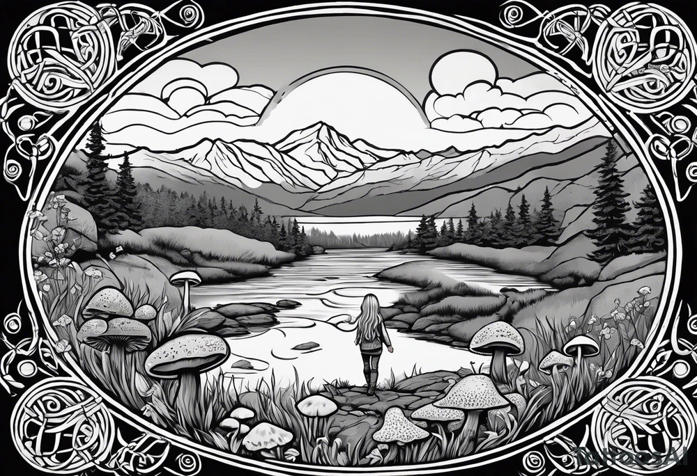 Whole picture encircled fully

Straight long blonde hair hippie girl in distance holding mushrooms in hand facing away toward mountains and creek surrounded by mushrooms long sleeve shirt and hiking pants; whole rendering within a full celtic circle border, no cut off circle tattoo idea