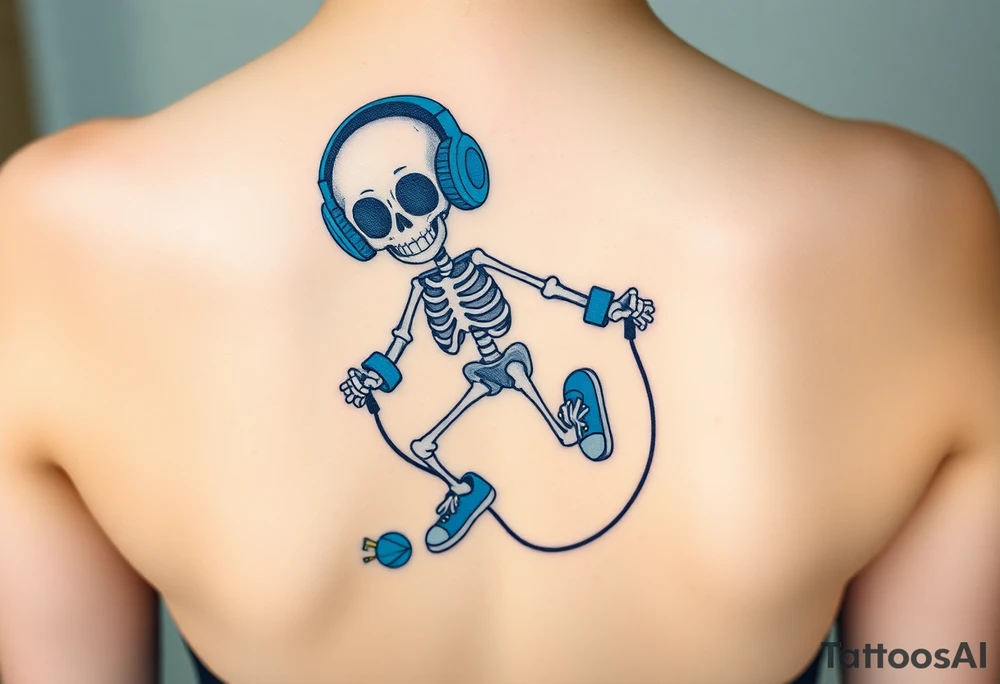Cute smiling skeleton jumping on a jump rope with blue headphone and blue tennis shoes and blue armbands with nice  music notes on the headphones tattoo idea