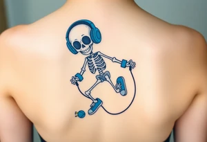 Cute smiling skeleton jumping on a jump rope with blue headphone and blue tennis shoes and blue armbands with nice  music notes on the headphones tattoo idea
