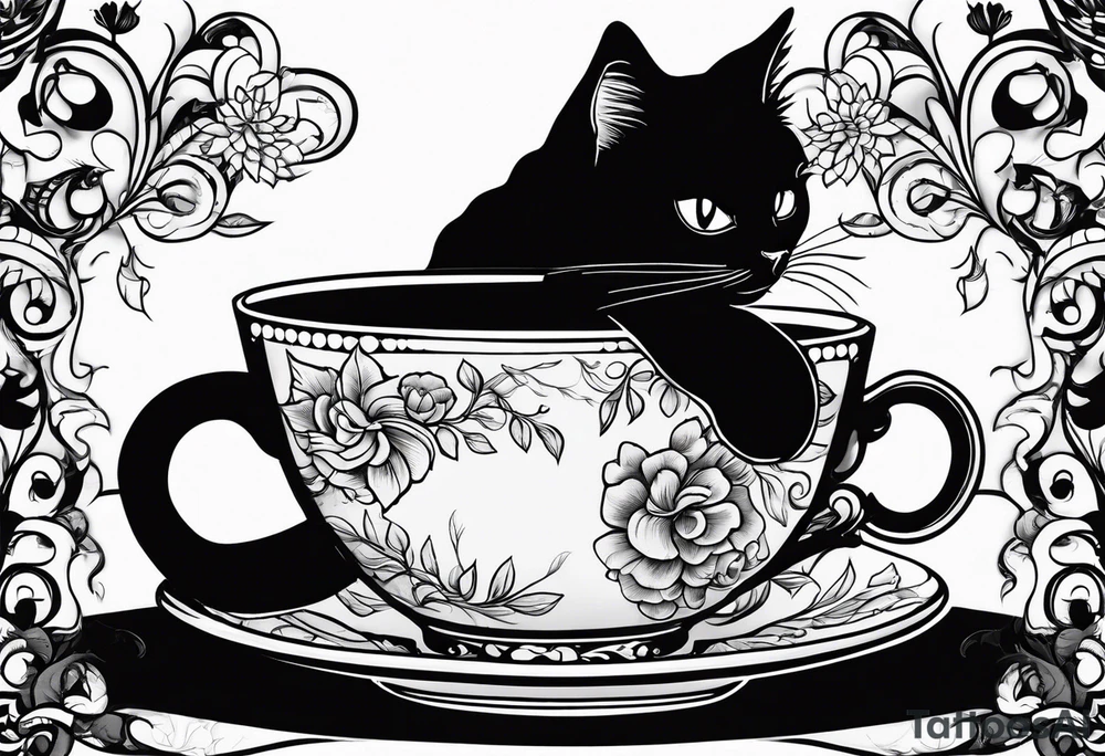 Black cat taking some tea in a wonderful cup tattoo idea