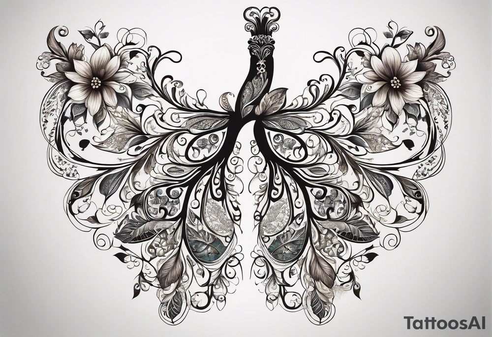 intricate and artistic arrangement of flowers and ornamental patterns that come together to form the shape of human lungs. The design should have a balance of delicacy and detail, with vibrant floral elements seamlessly intertwining to mimic the structure of the lungs, including the bronchi branching into floral motifs. Incorporate subtle shading and depth to give the tattoo a dynamic and organic feel, while maintaining elegance and symmetry, embraced by an octopus and butterflies flying around tattoo idea