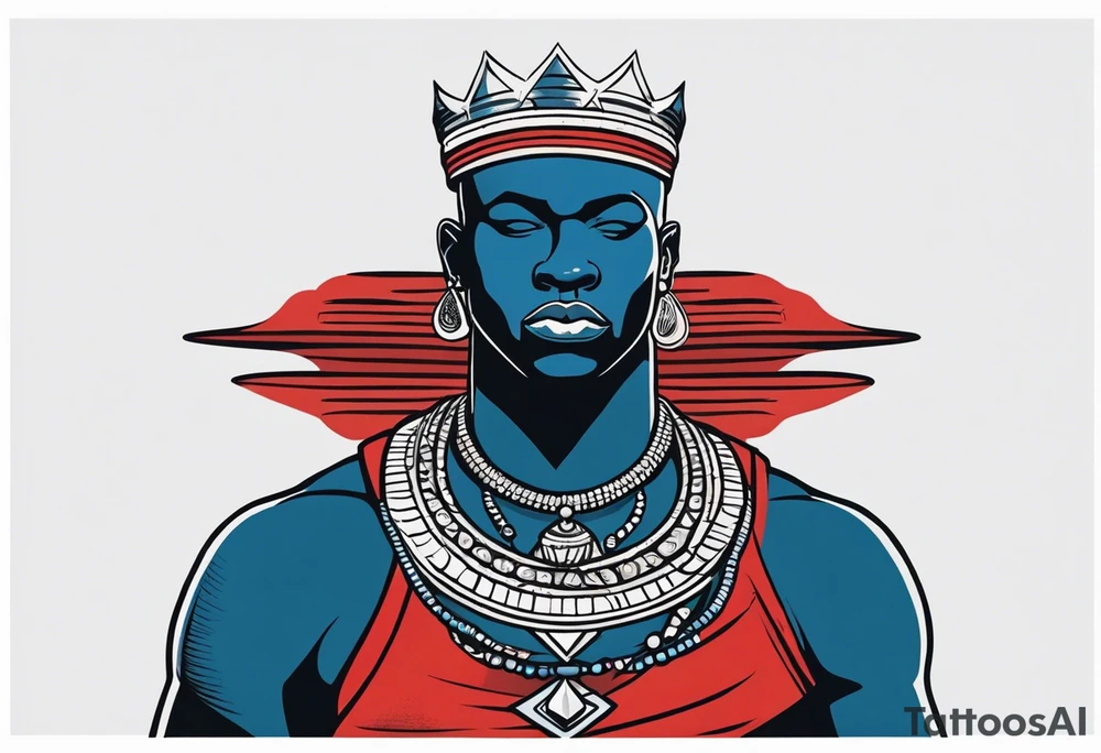 Black-skinned bald african warrior. He wears a simple and small silver crown. He uses two simple necklaces: one blue, other red. He has cowry shells in his crown tattoo idea