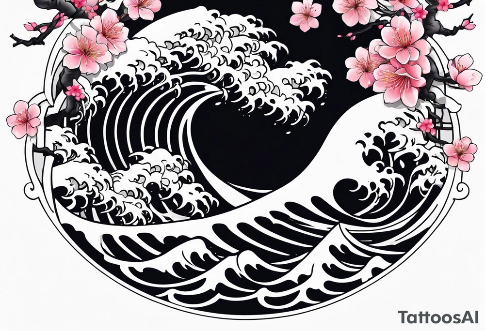 Japanese tori rounded by cherry blossom and death flower and Japanese wave tattoo idea