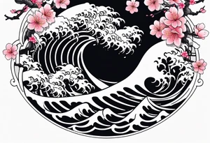 Japanese tori rounded by cherry blossom and death flower and Japanese wave tattoo idea