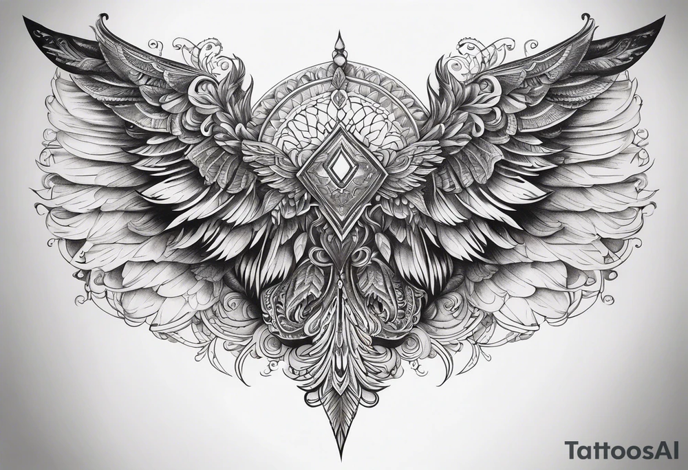 Large symmetrical upper back tattoo that has the main design in yhe upper middle with wings or similar things symmetrically coming down the back shoulders/sides tattoo idea