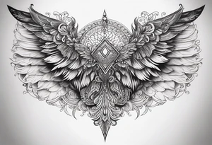 Large symmetrical upper back tattoo that has the main design in yhe upper middle with wings or similar things symmetrically coming down the back shoulders/sides tattoo idea