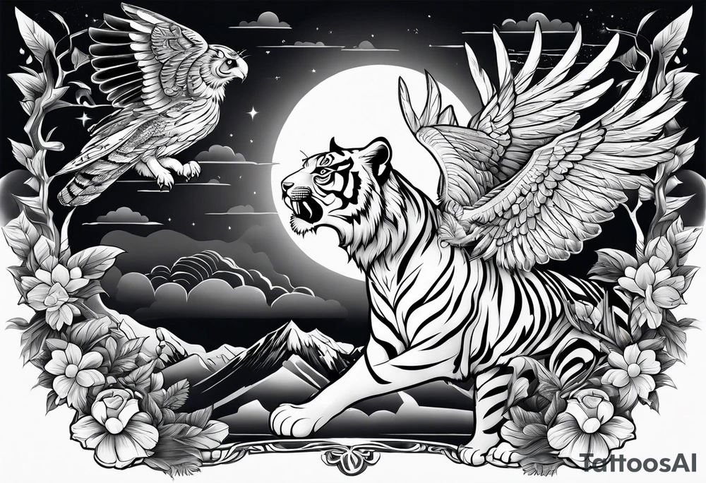 Tiger with wings hunting flying owl full moon forest tattoo idea