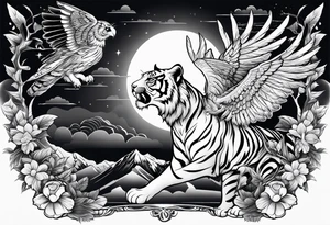 Tiger with wings hunting flying owl full moon forest tattoo idea