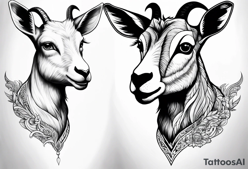 Shoulder/chest tattoo that is Half Goat, Half Kangaroo with a clear distinction of both tattoo idea