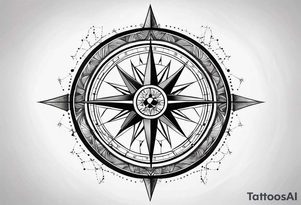 a classic compass rose as the central element, Overlaying the compass rose is a simplified molecular structure of serotonin tattoo idea
