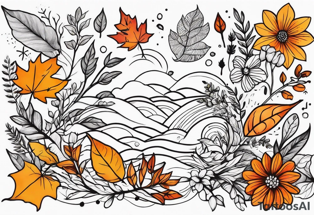 Full arm sleeve with fall colors, flowers, water, leaves and various shapes tattoo idea