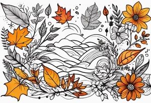 Full arm sleeve with fall colors, flowers, water, leaves and various shapes tattoo idea