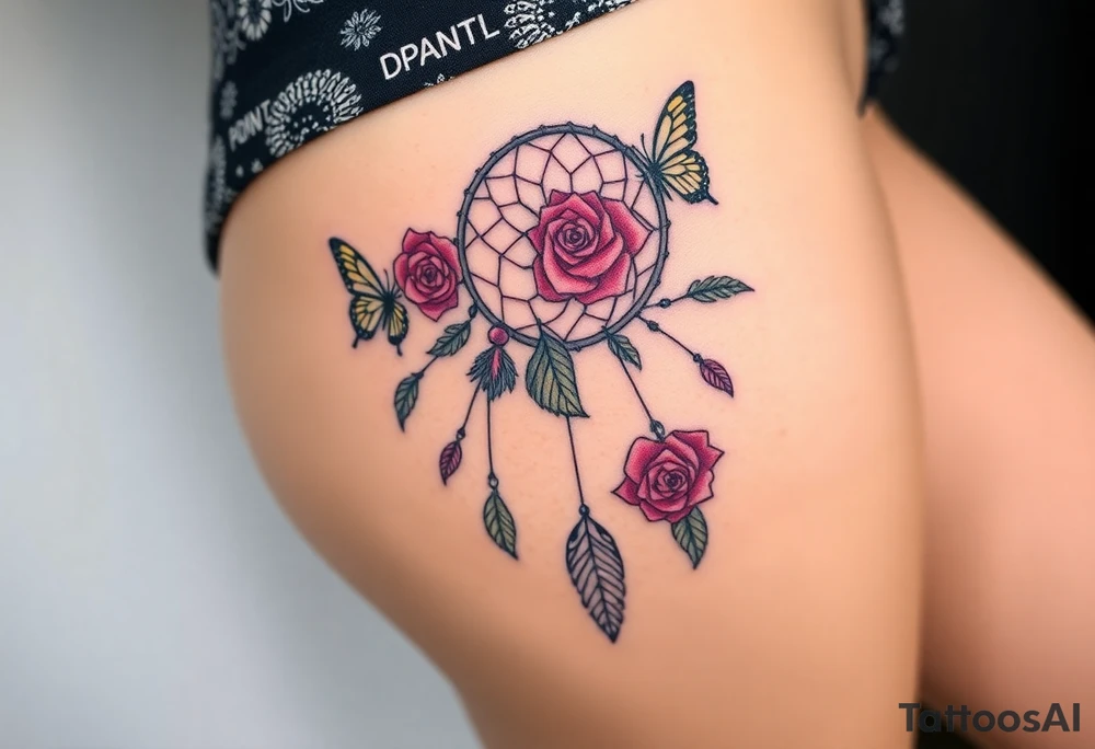 Dreamcatcher roses and butterflies tattoo idea
