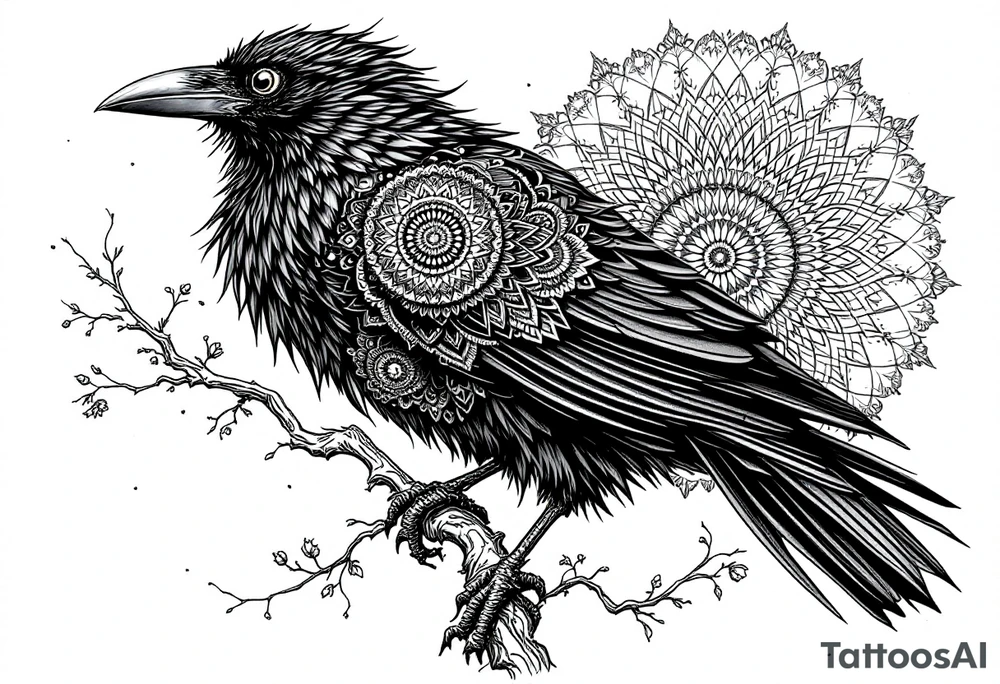 Black Raven on a branch looking over its shoulder with mandala tattoo idea